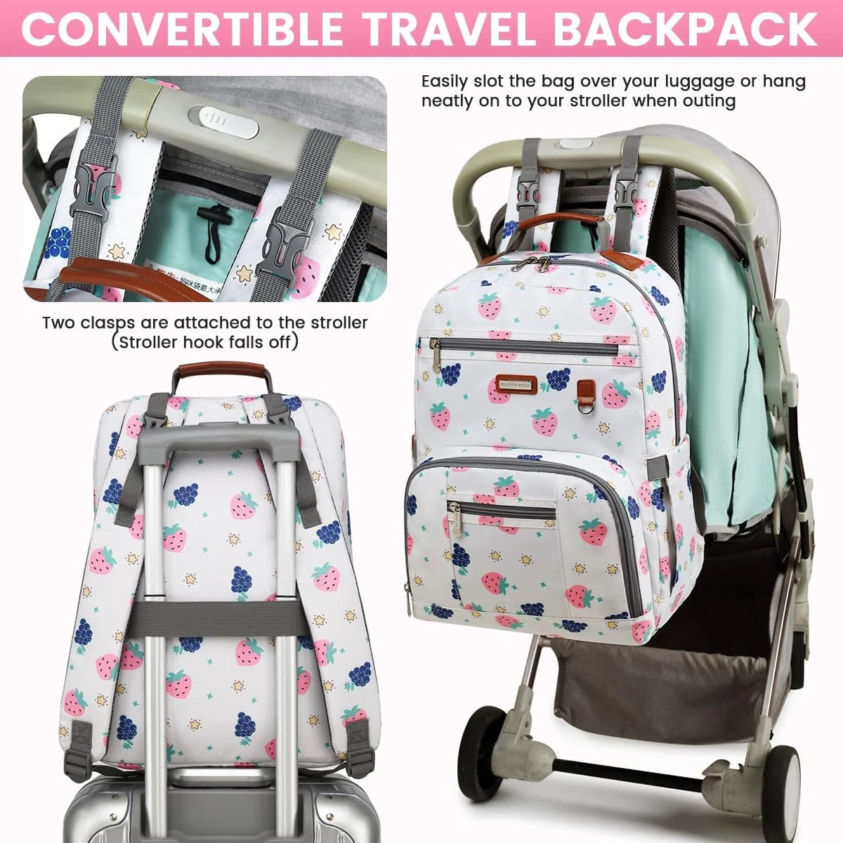 Diaper Bag Backpack for Baby (Large, Berry White)