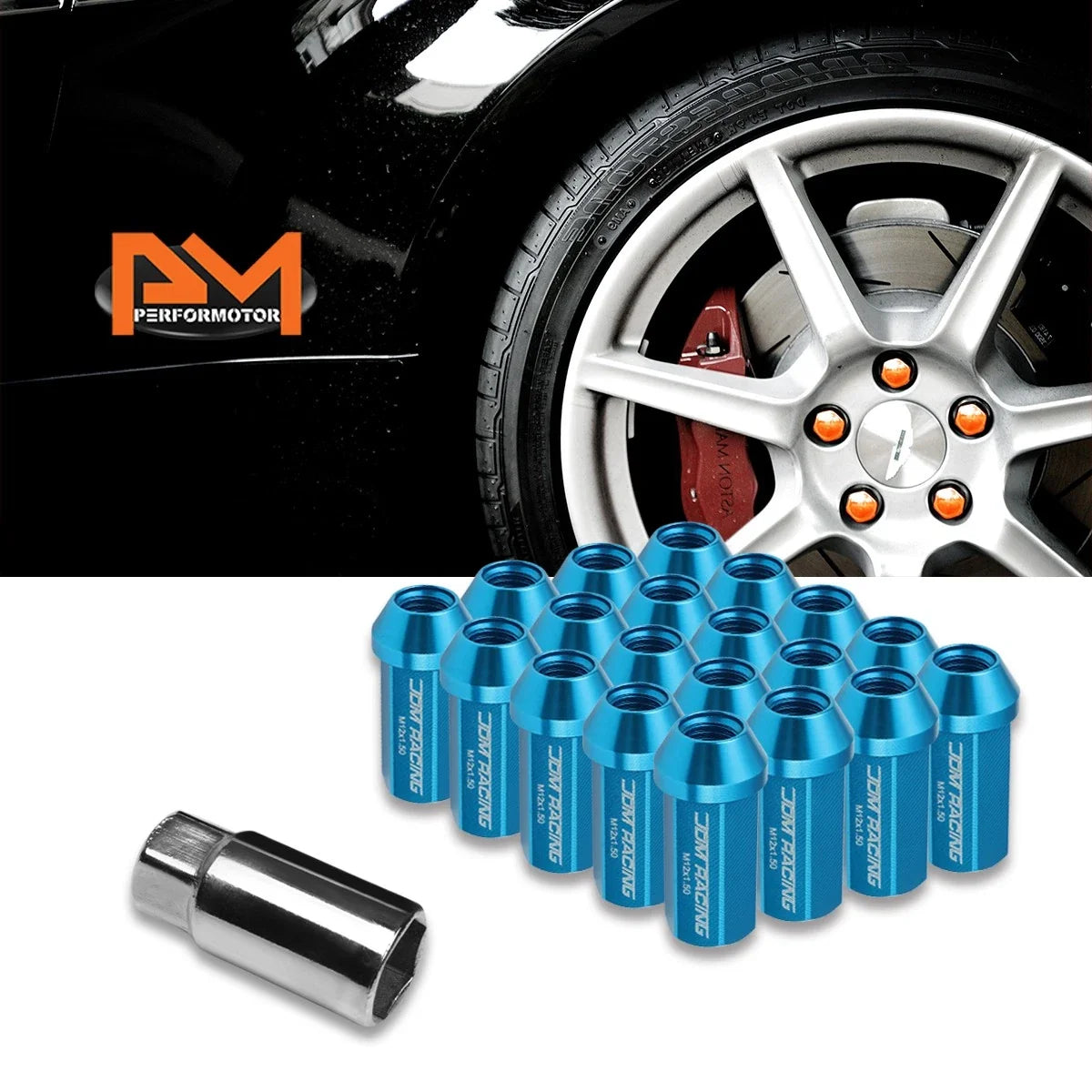 20Pc M12X1.5 Sky Blue JDM Closed End Aluminum Wheel Lug Nuts + Extension 25mmx50mm