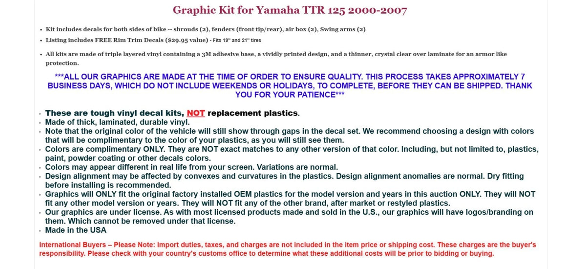 Graphic Stickers +#PLT/RIM Decals for Yamaha TTR125 (2000–2007)