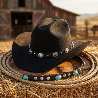 2X Black Cowboy Hat Bands for Men, Adjustable Medium