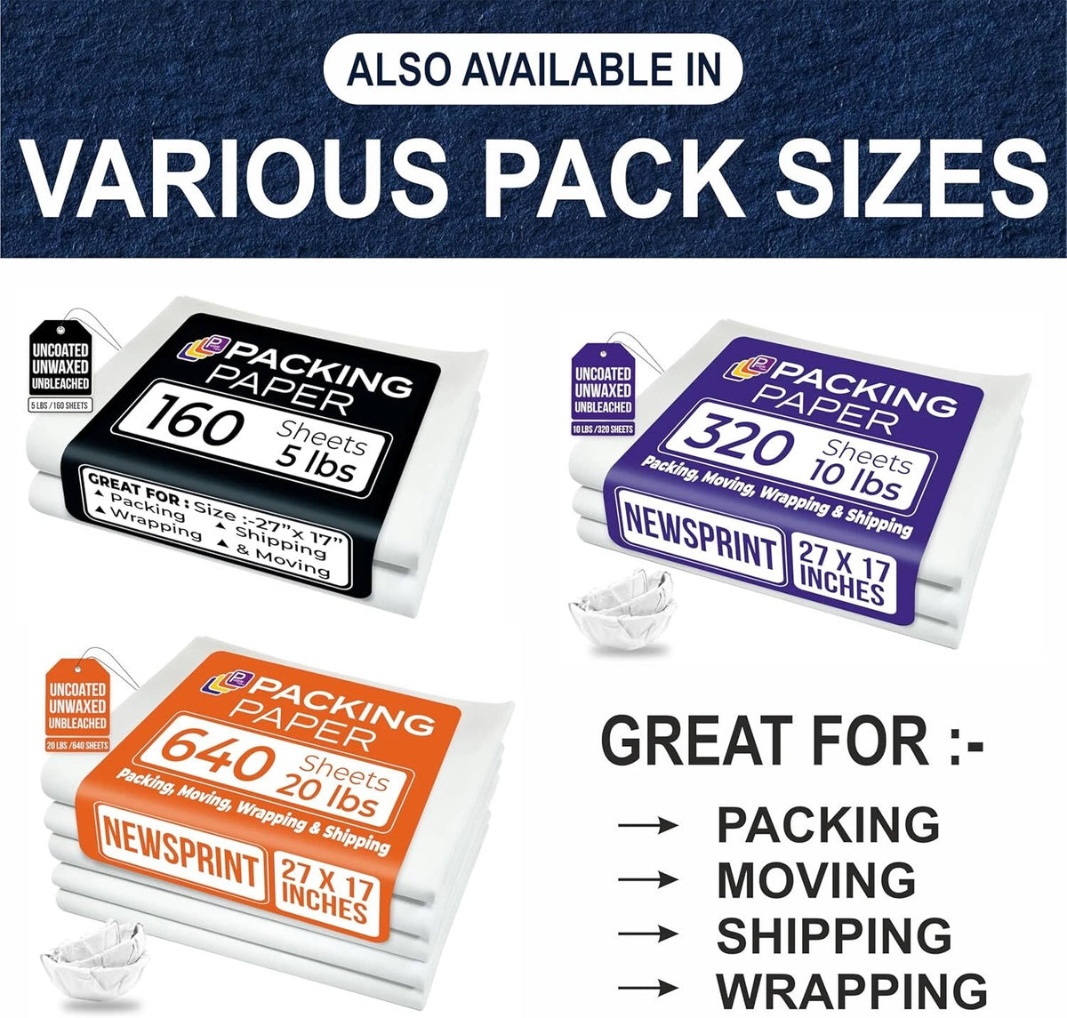 640 Sheets of 27" x 17" White Packing Paper for Moving