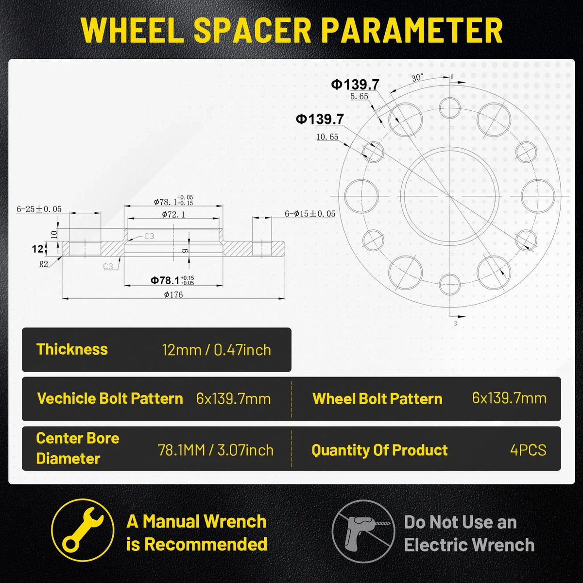 Set of 4 Wheel Spacers 12mm 6x5.5 6x139.7 for Chevy Silverado 1500 (2007–2023)