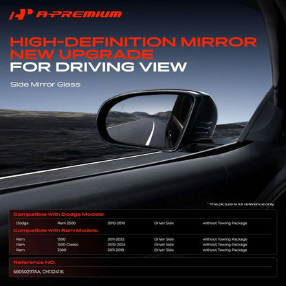 Driver Manual Mirror Glass for Ram 1500 2011–2024, 2500 2011–2018, 68050297AA, CH1324116