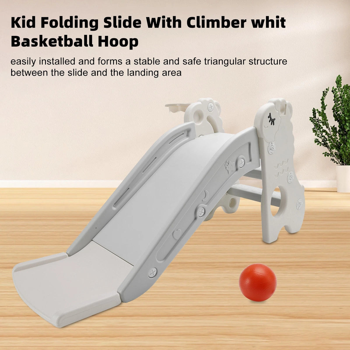 3-in-1 Slide with Climber & Basketball Hoop for Kids - T036-001-White