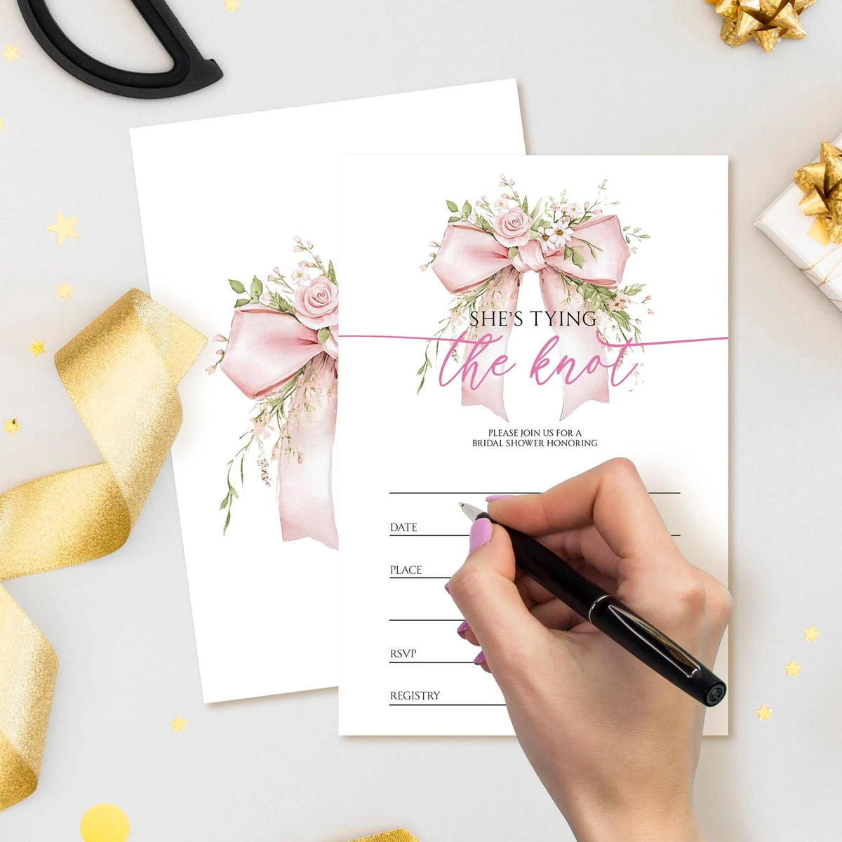 Set of 20 Pink Bow Bridal Shower Invitation Cards with Envelopes