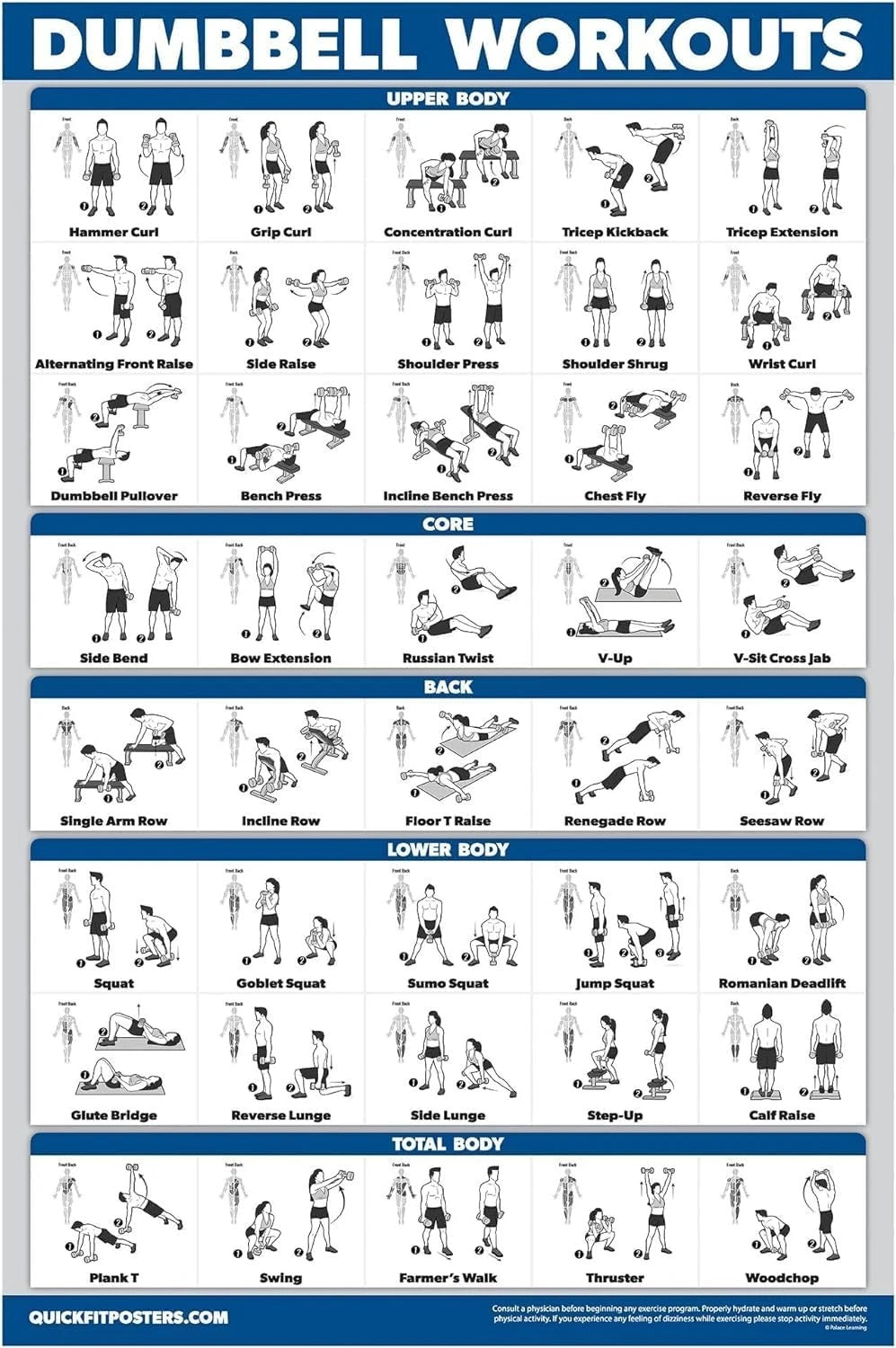 Dumbbell Workout Exercise Poster for Free Weight (18" x 24")