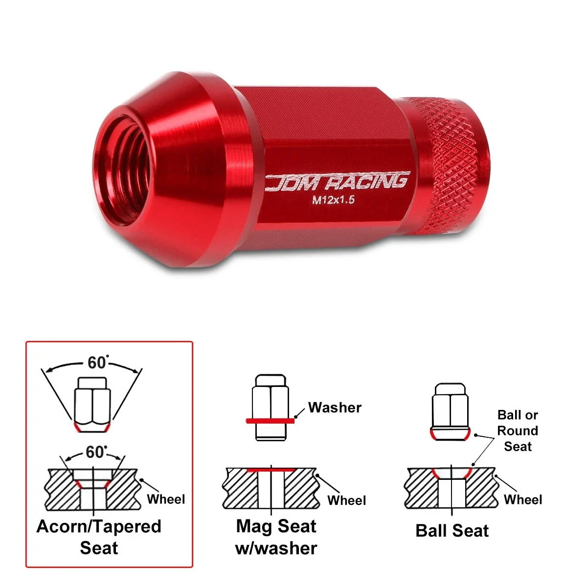 Set of 20 M12X1.5 Red JDM Open End Cone Seat Wheel Lug Nuts + 25mm Extension