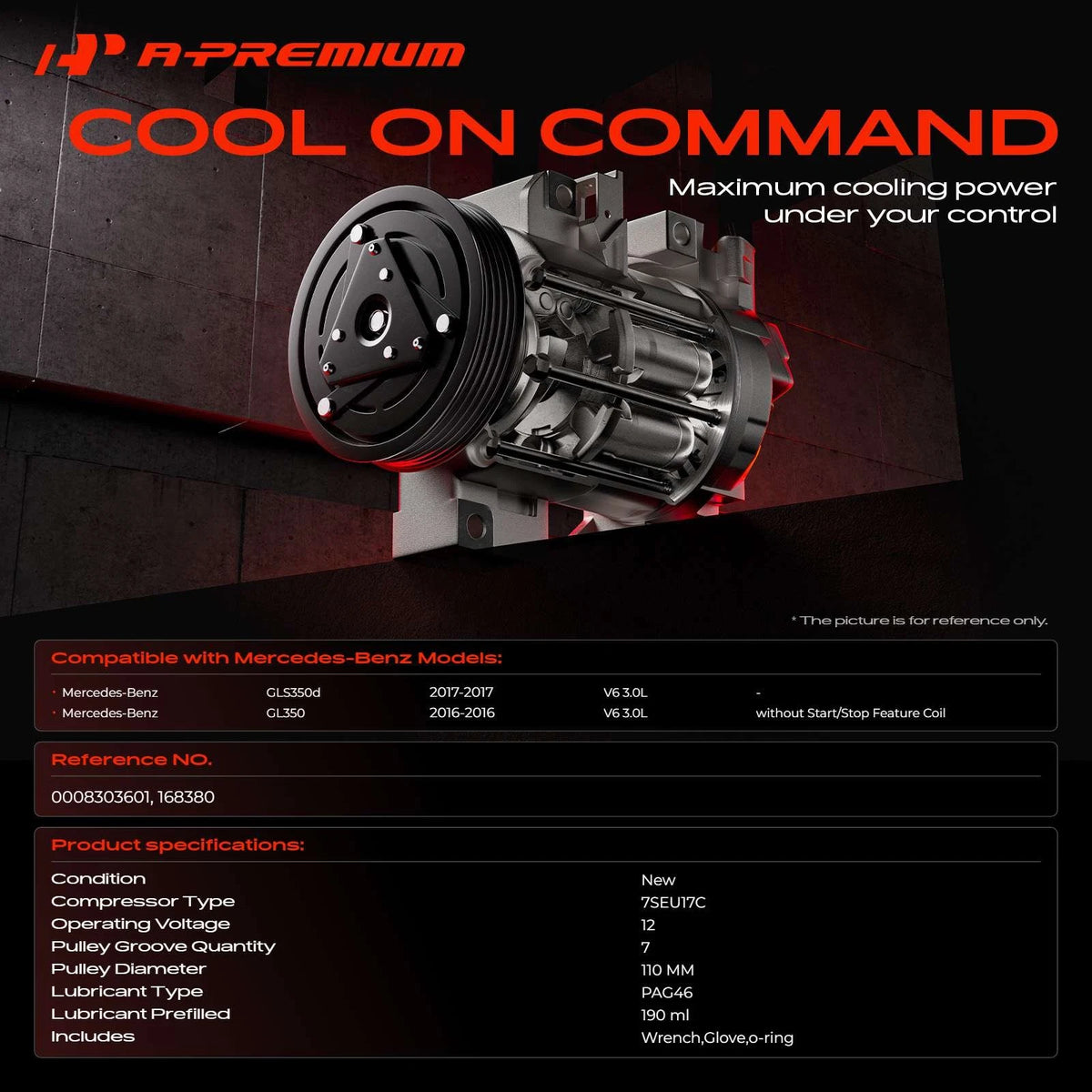 A-Premium A/C Compressor with Clutch for Mercedes-Benz X166 GL350 (2016) 0008303601, 168380