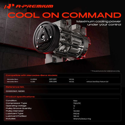 A-Premium A/C Compressor with Clutch for Mercedes-Benz X166 GL350 (2016) 0008303601, 168380