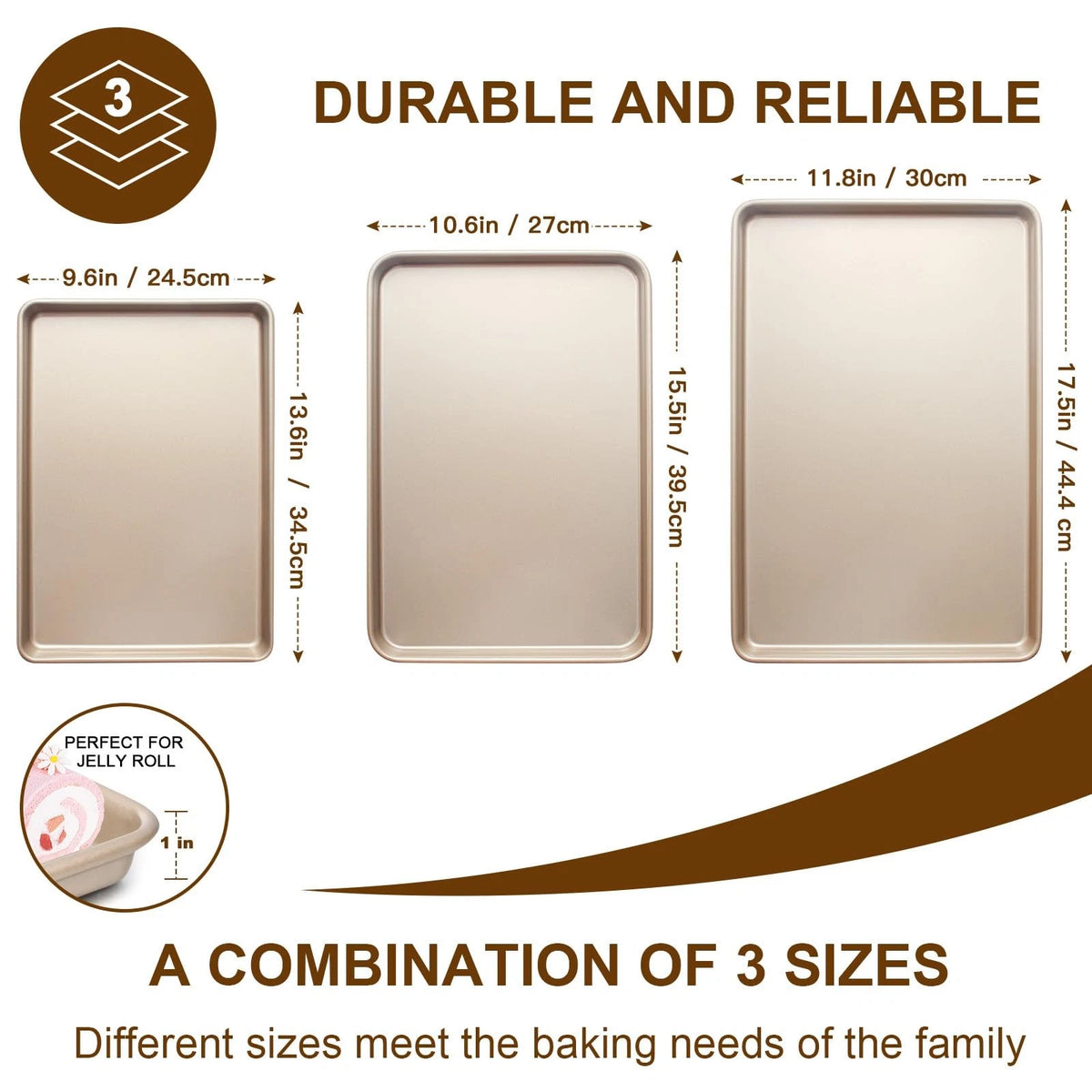 Baking Sheet Pan Set of 3 for Large Cookies (Champagne Gold)