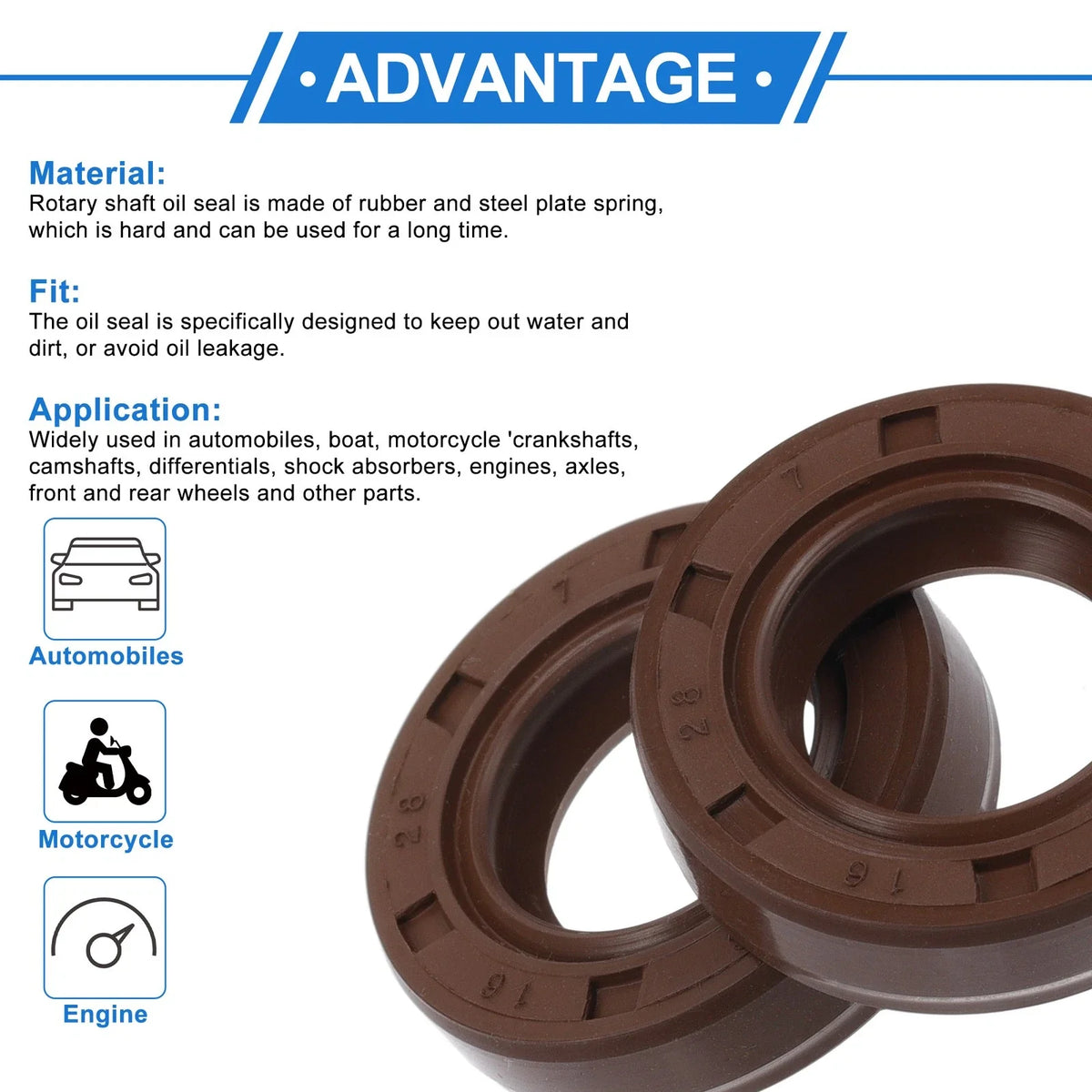 Set of 2 Oil Seal Rotary Shaft Seal FKM Rubber 16x28x7mm