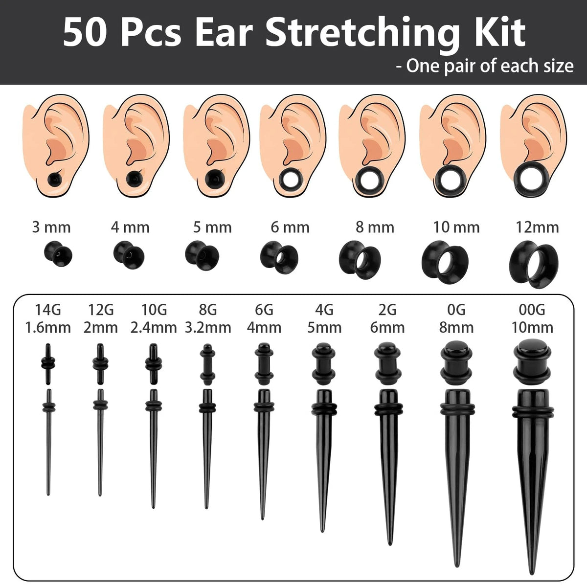 50 Pcs Ear Stretching Kit for Mixed Sizes (Acrylic Gauges, Black)