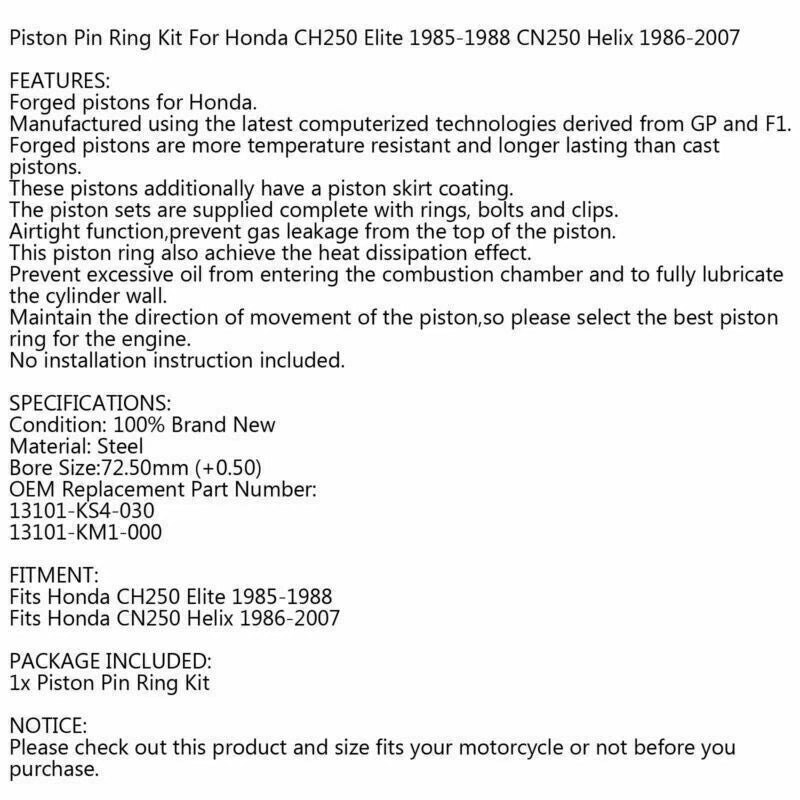 Piston Kit 72.50mm for Honda Helix CN250 (1986–2007) M562-A015-C