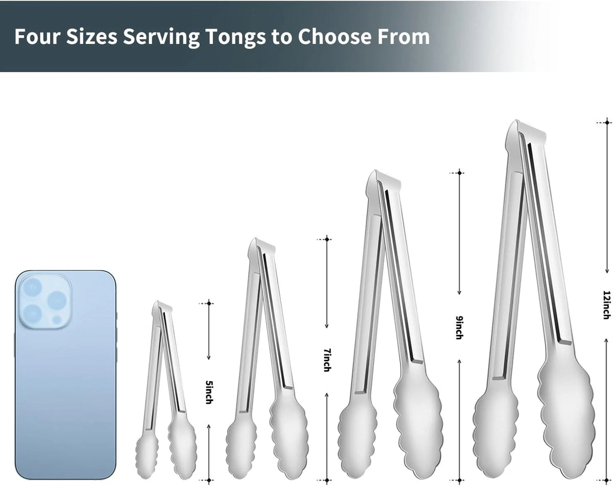 Set of 4 Serving Tongs for Buffet - Stainless Steel 12IN, Silver