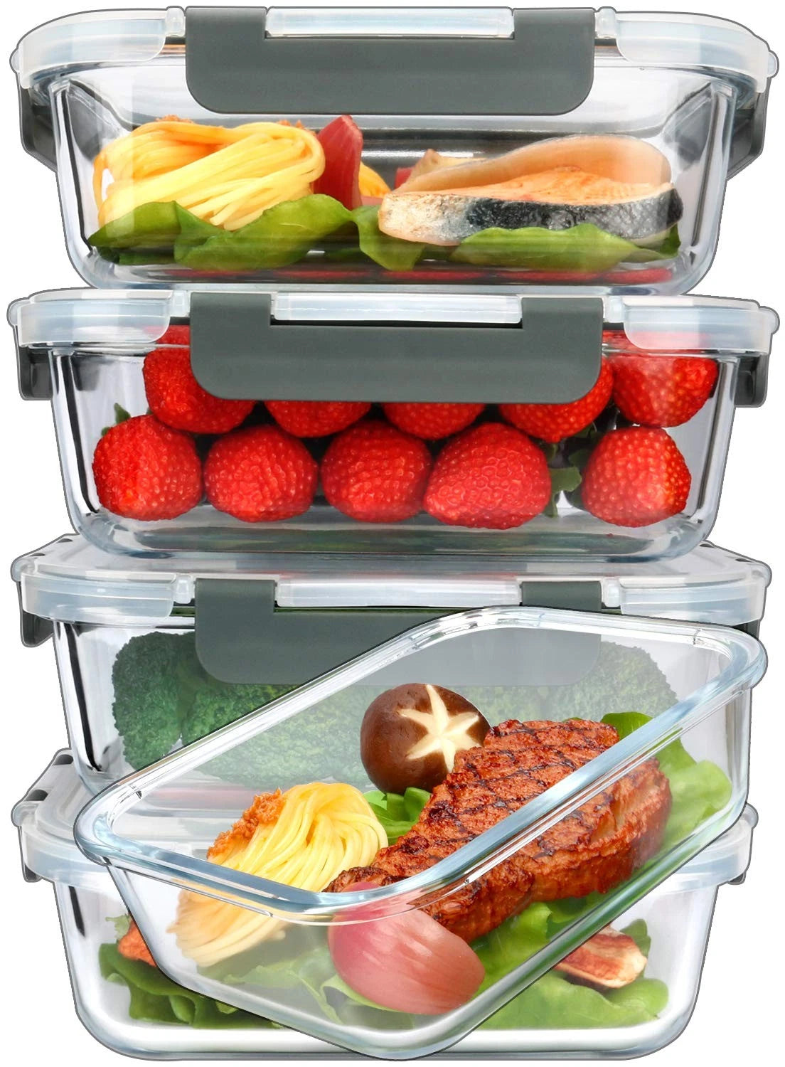 Set of 5 Glass Meal Prep Containers with Snap Lids (36 Oz)