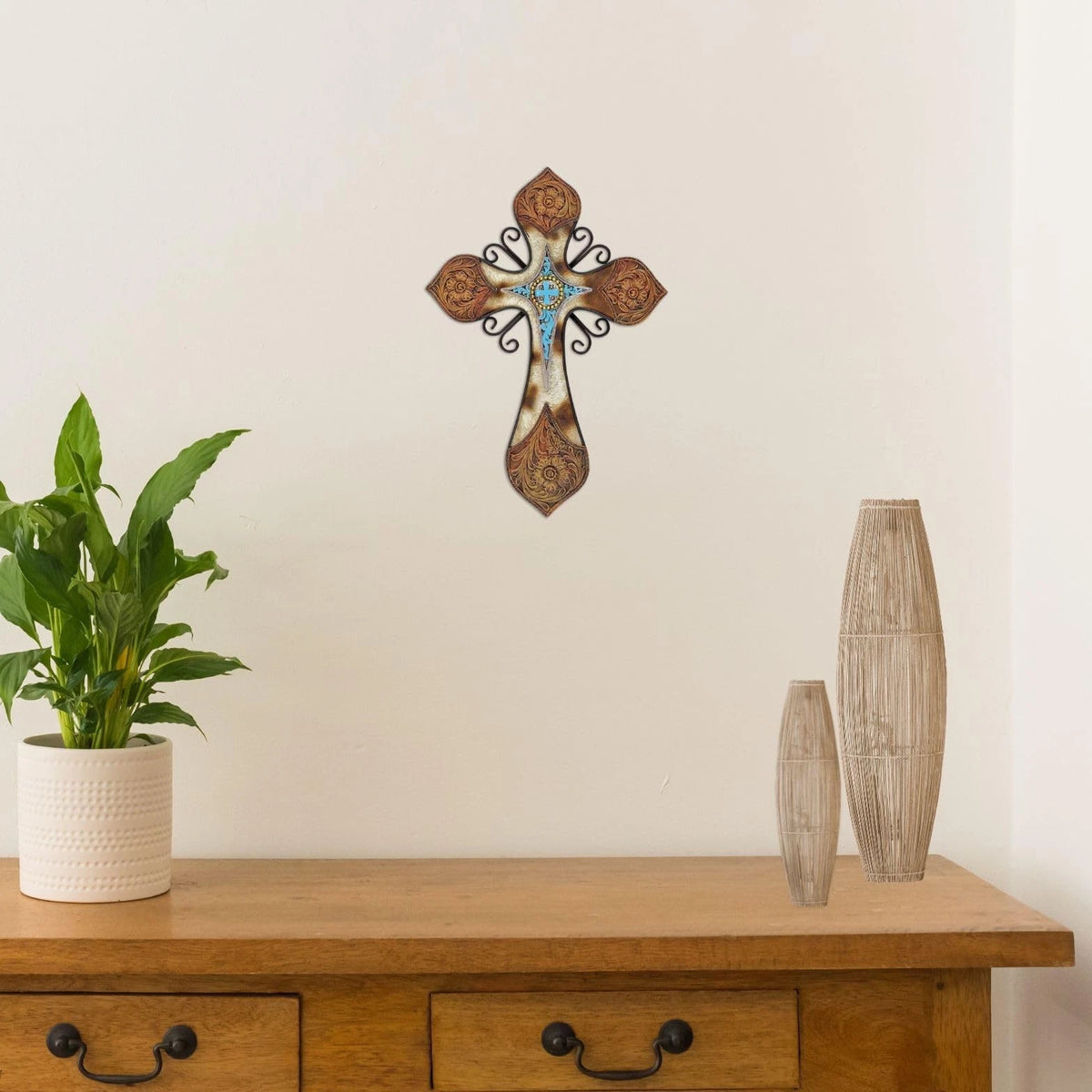 Rustic Cowhide Faux Tooled Leather Wall Cross with Turquoise Center