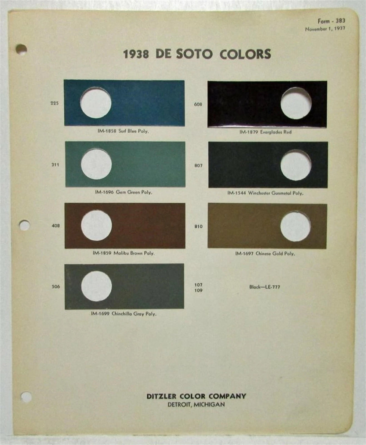 Color Paint Chips & Mix Formulas for DeSoto (1938)