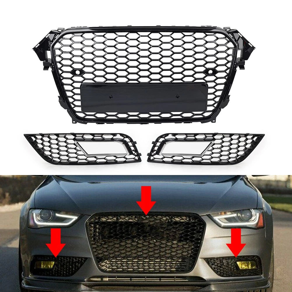 Front Hood Grille Fog Light Covers for Audi A4 (2013–2016) Honeycomb Style