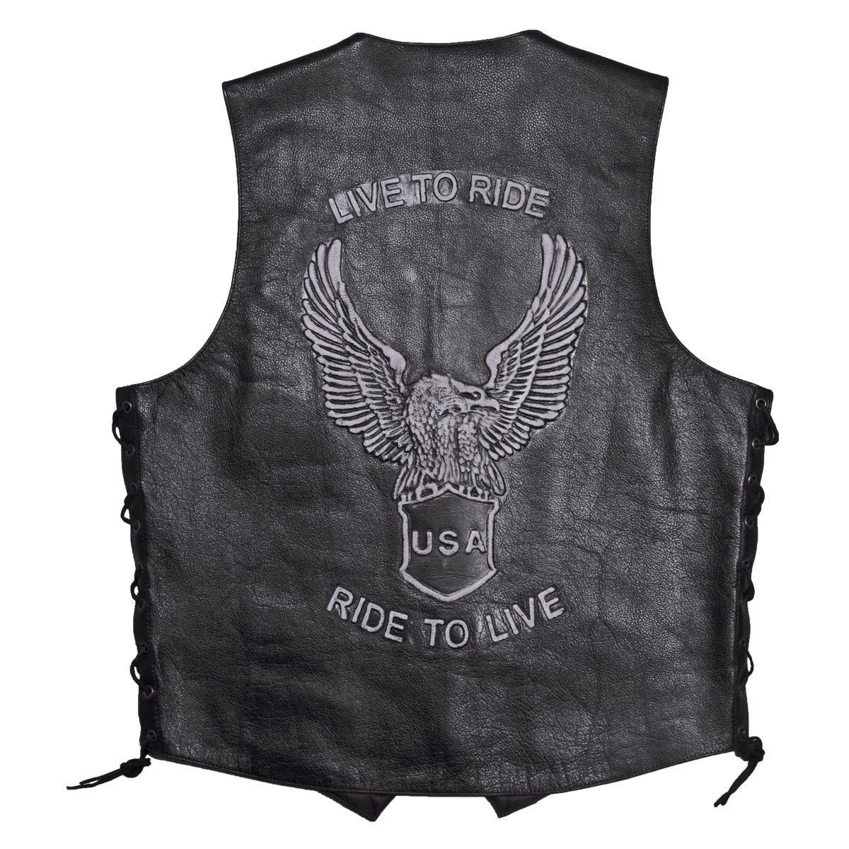 Mossi Side Lace-Up Black Leather Vest for Men - Live To Ride (No Part Numbers)