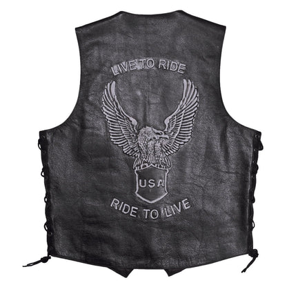 Mossi Side Lace-Up Black Leather Vest for Men - Live To Ride (No Part Numbers)