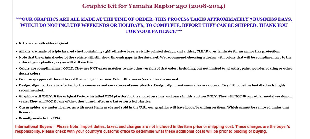 Graphic Decals Stickers for Yamaha Raptor 250 (2008–2014)