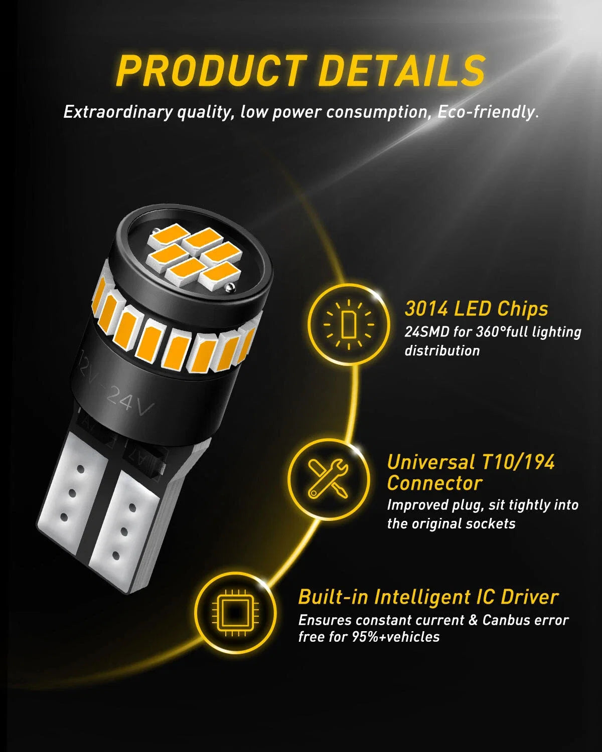 2X AUXITO 2825 168 194 W5W T10 LED Parking Light Bulb Golden Yellow
