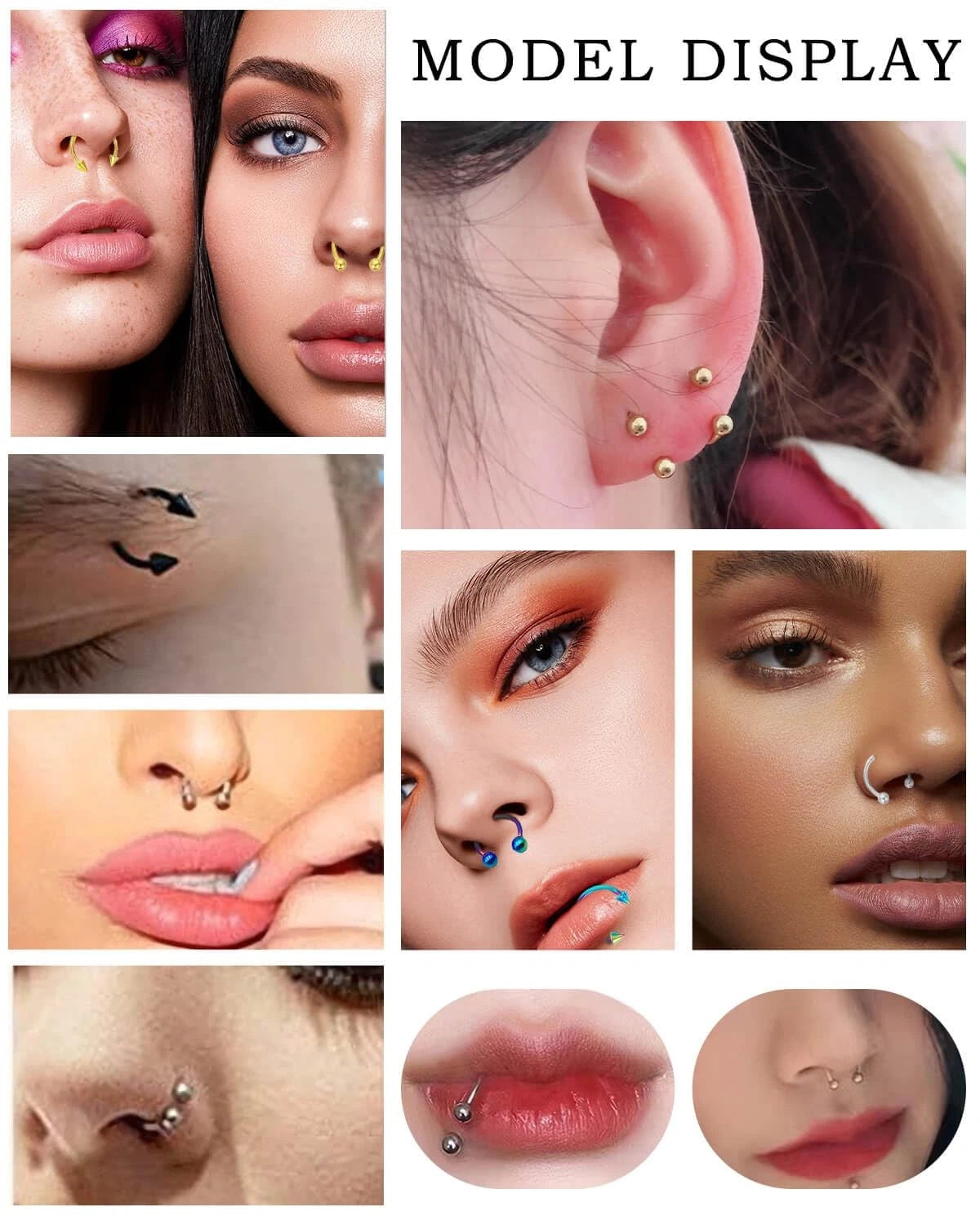 Set of 36 Septum Piercing Jewelry - 8mm, 10mm, 12mm, Gold, Silver, Black, Rainbow, Rose Gold, Blue