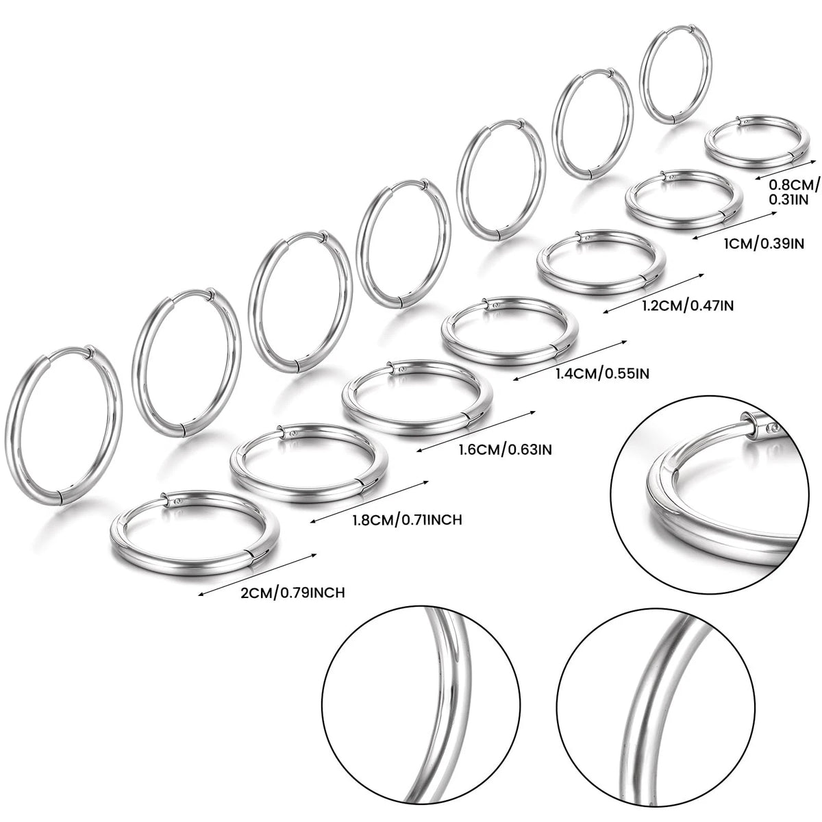 Set of 7 Stainless Steel Hoop Earrings 8-20 mm, Silver