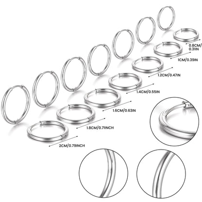 Set of 7 Stainless Steel Hoop Earrings 8-20 mm, Silver