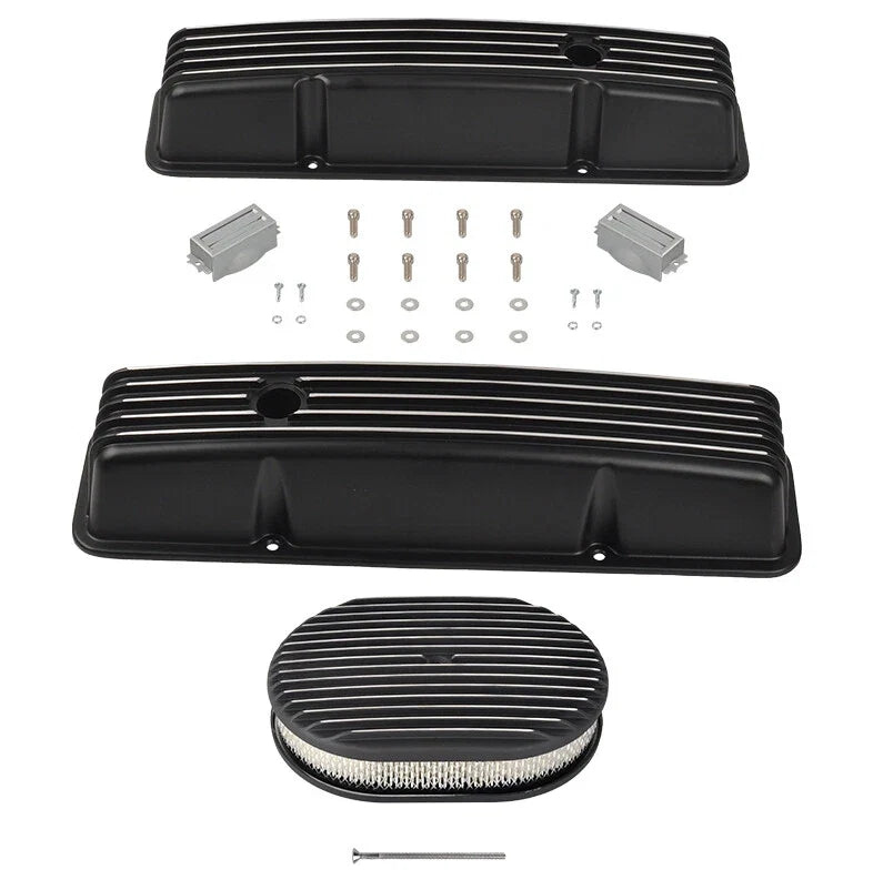 Set of 2 Tall Finned Valve Covers & 12" Oval Air Cleaner for SBC Chevy (1958–1986)