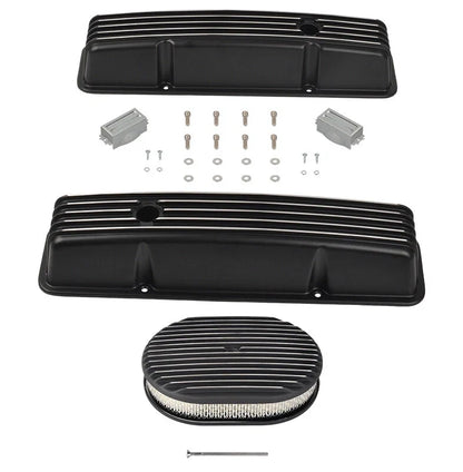 Set of 2 Tall Finned Valve Covers & 12" Oval Air Cleaner for SBC Chevy (1958–1986)