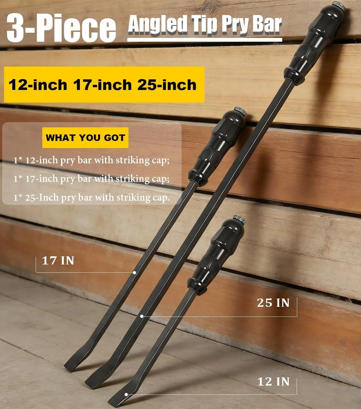 3-Piece Angled Tip Pry Bar Set (12, 17, 25 in.) with Striking Cap