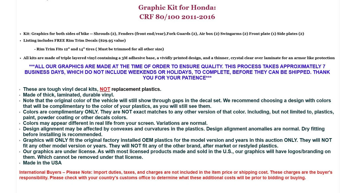 Graphic Stickers +#PLT/RIM Decals for Honda CRF80 CRF100 (2011–2016)