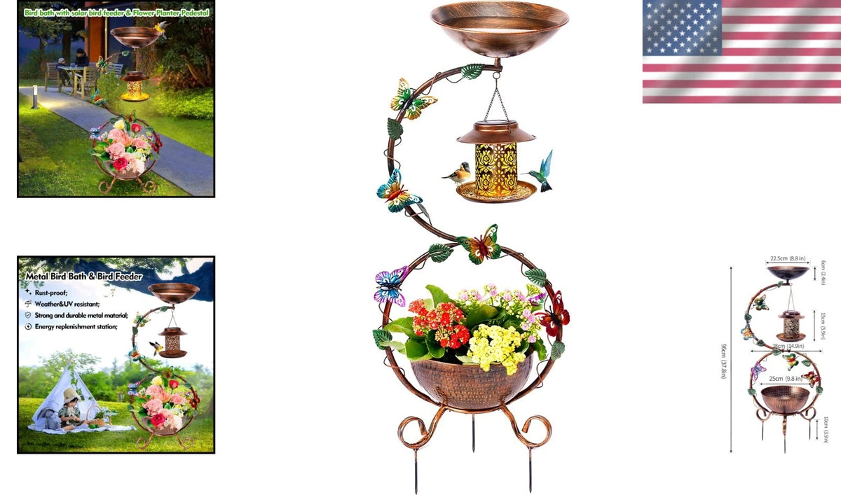 Durable Metal Bird Bath and Solar Feeder for Outdoor Use