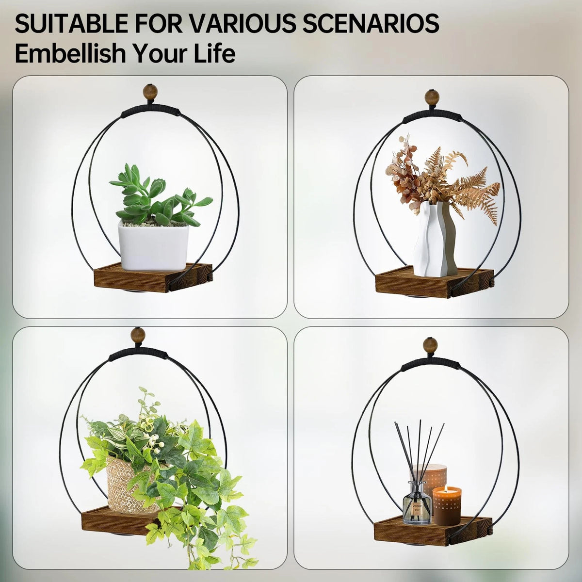 Hanging Planter for Indoor Use - Black Metal/Walnut Wood Base (1 Pack)