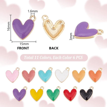 66pcs Heart Charms Set for Crafting (16x15x3mm, 11 Styles, 11 Colors)