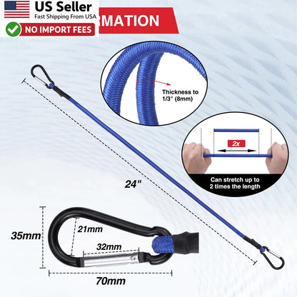 Set of 4 Heavy Duty 24 Inch Bungee Cords with Hooks - Blue