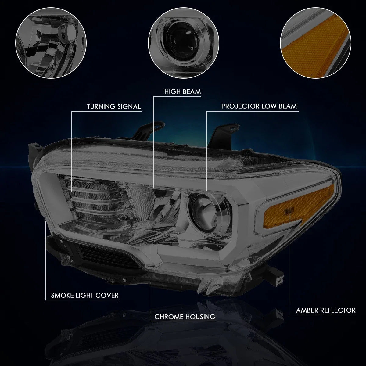 Projector Headlights for Tacoma (2016–2020) Smoked Housing Amber Side