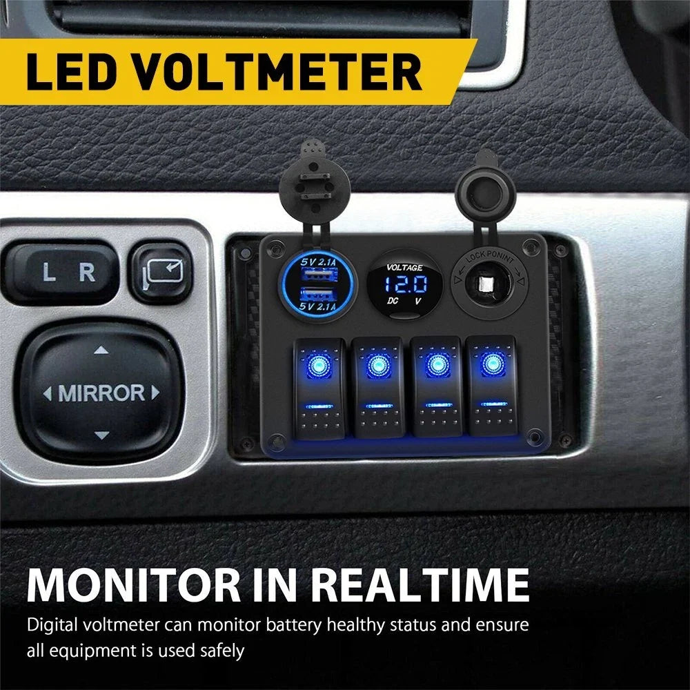 4 Gang LED Rocker Switch Panel for Car Truck Boat Marine (12V)