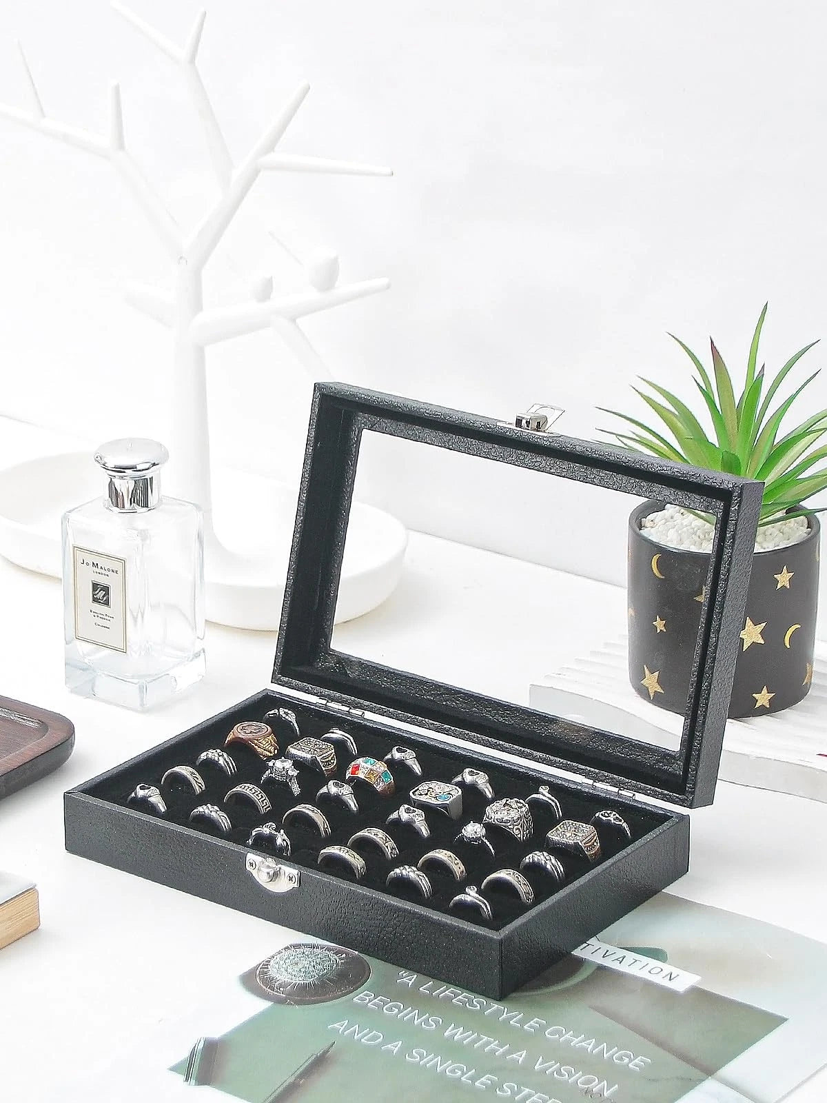 Ring Holder Organizer Box for Jewelry (30 Slots) - Black Small Size
