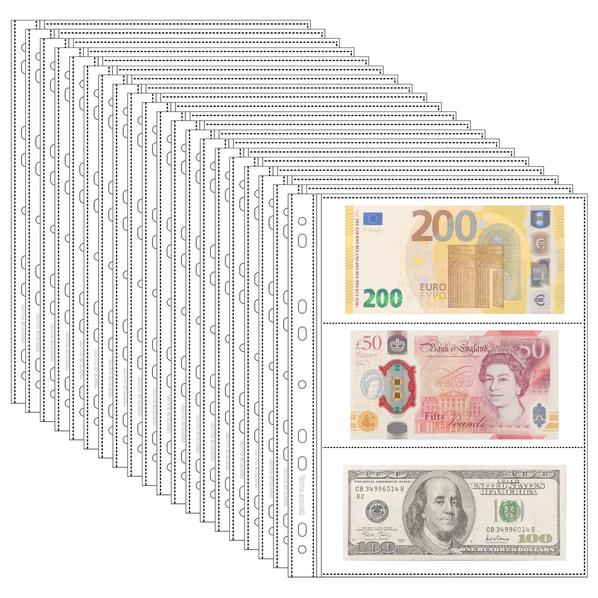 20 Sheets Currency Pages for Paper (3 Pockets/Sheet)