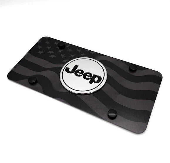 License Plate Cover Premium Black Wave with American Flag for Jeep Wrangler (2007–2024)