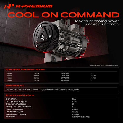 A-Premium AC Compressor with Clutch for Nissan Sentra (2013–2019) 926003SH0A, 926003SH1A, 926003SH1B, 97585