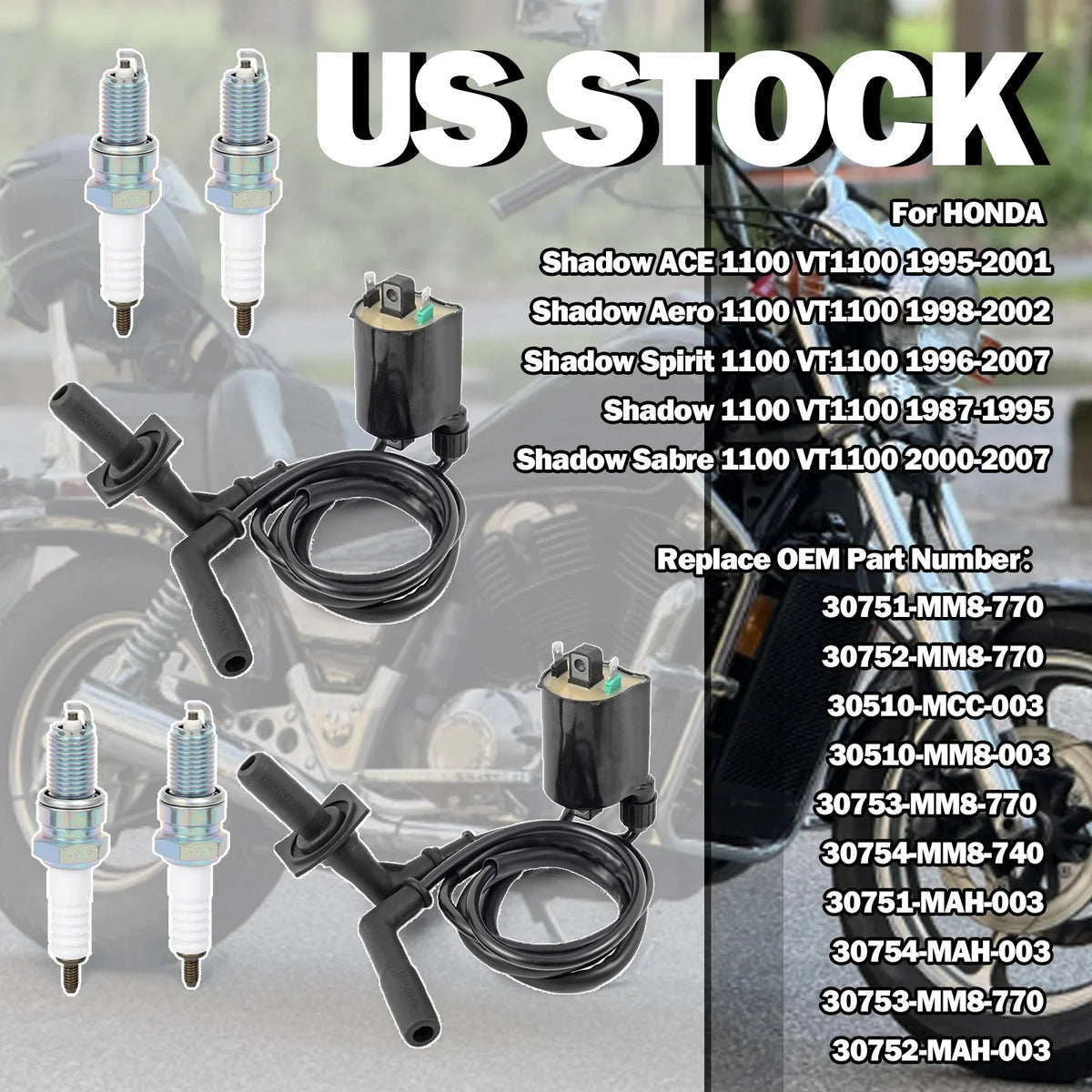 Ignition Coil Spark Plug + Cap for Honda Shadow Spirit 1100 VT1100C (1996–2007)