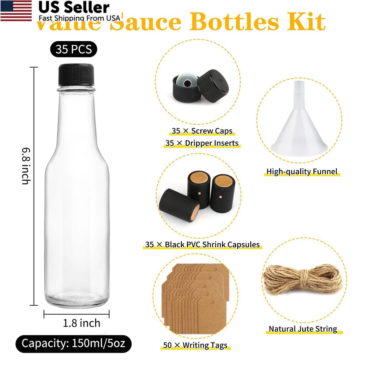 35 Pack 5oz Hot Sauce Bottles with Black Caps & Shrink Capsules