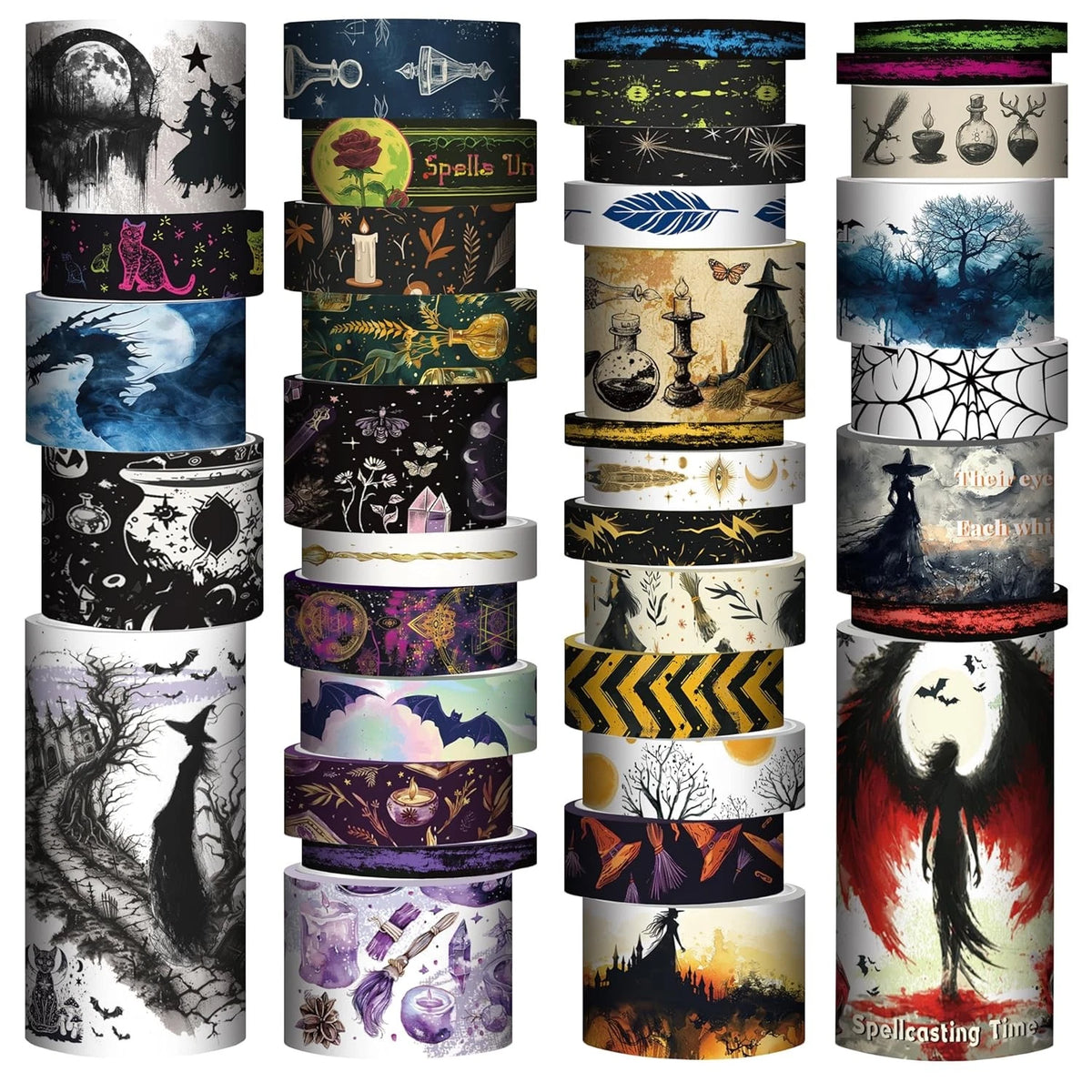 Set of 37 Washi Tape Rolls for Crafting (Witches Black, Red, Orange, Purple, Blue)