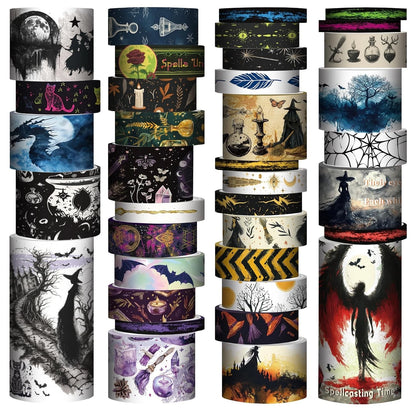 Set of 37 Washi Tape Rolls for Crafting (Witches Black, Red, Orange, Purple, Blue)