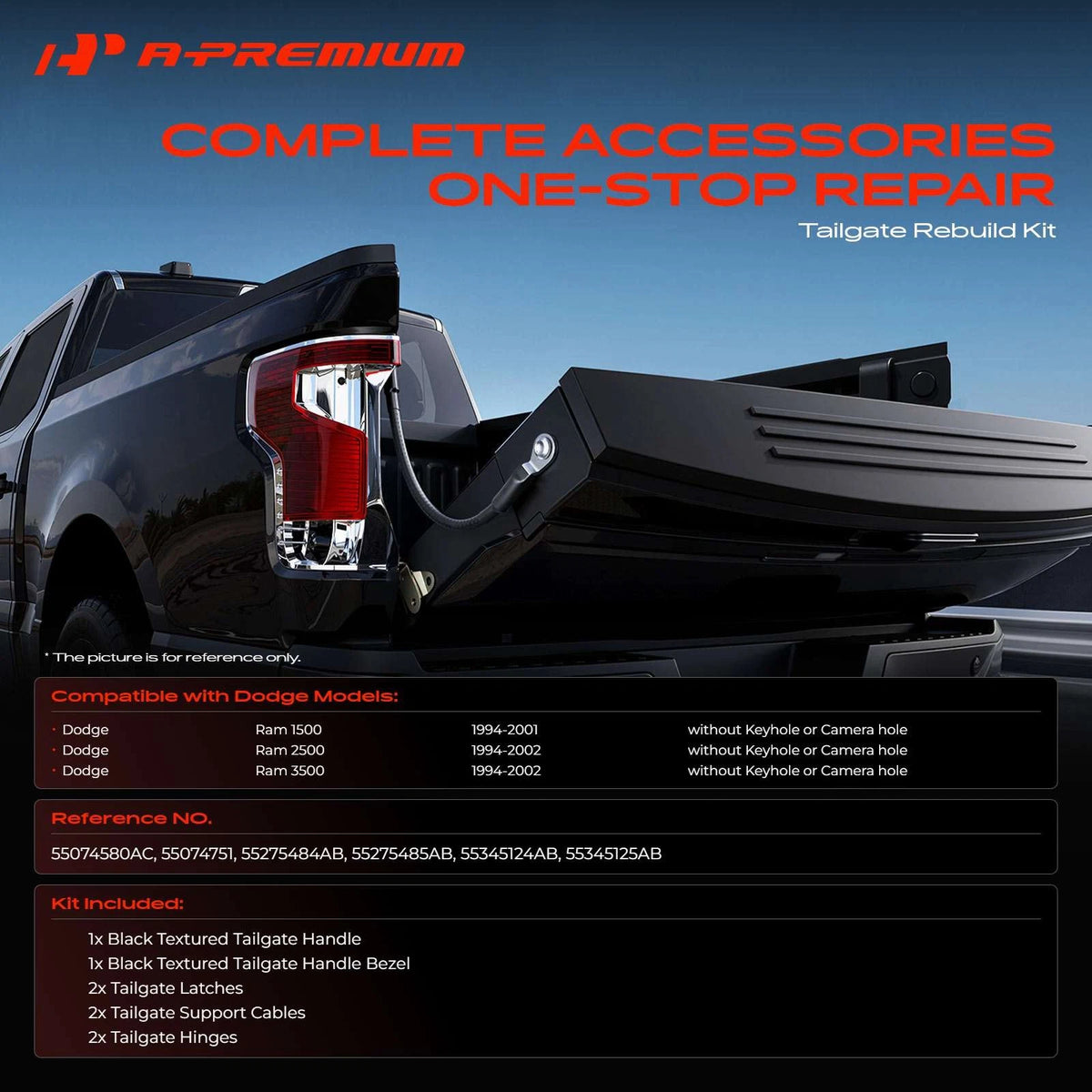 Tailgate Hardware Rebuild Kit w/ Cable for Dodge Ram 1500 2500 (1994–2002) - 55074580AC, 55074751, 55275484AB, 55275485AB
