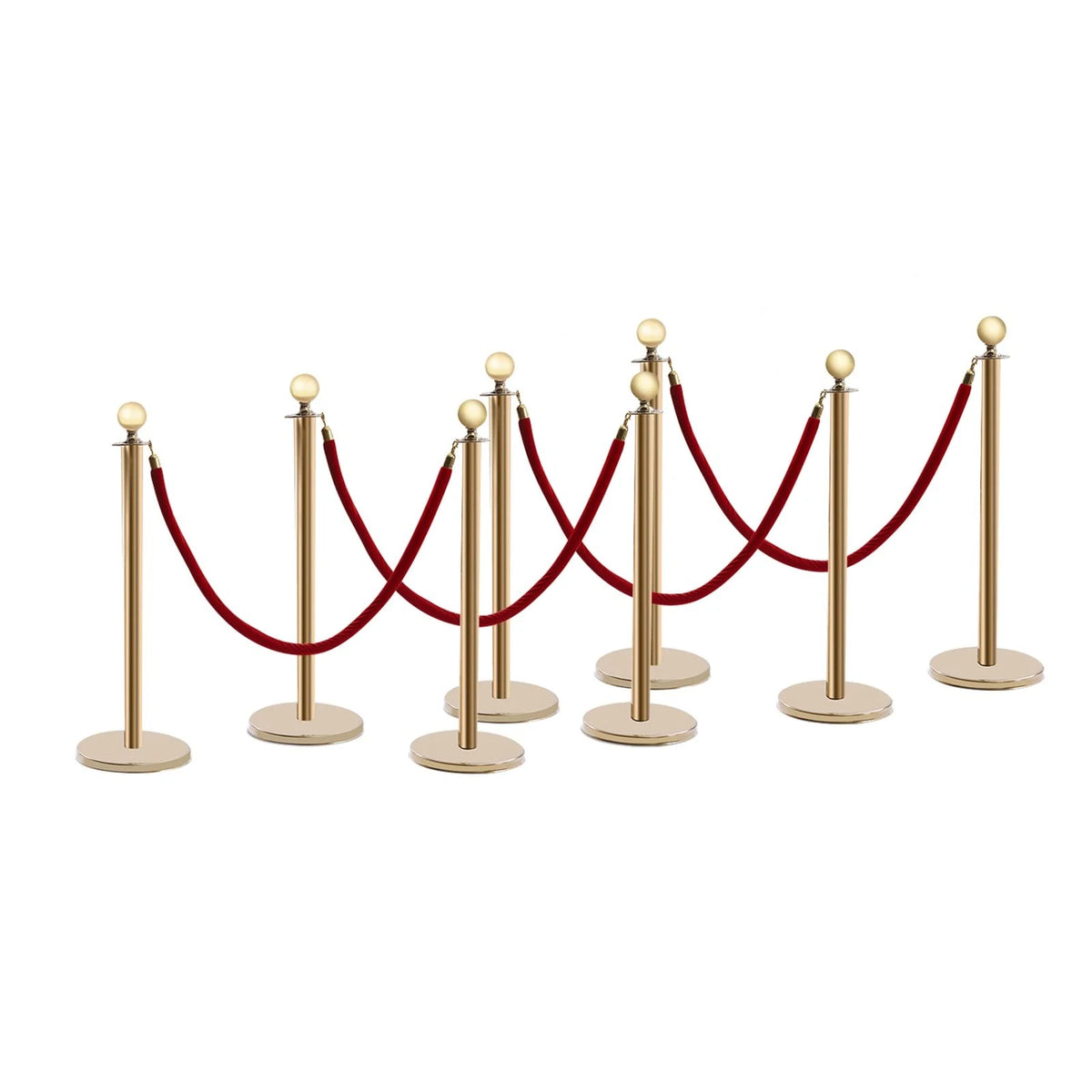 Set of 8 Crowd Control Stanchions with Red Velvet Rope Barrier