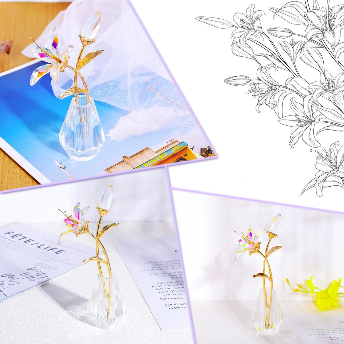 Set of 2 Handmade Crystal Lily Flower Figurines for Home Decor